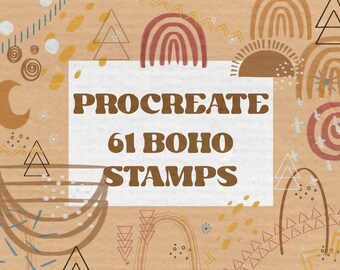 May include: A digital illustration of 61 boho style stamps for use in the Procreate app. The image features a variety of shapes and patterns in warm brown, orange, and red colors.