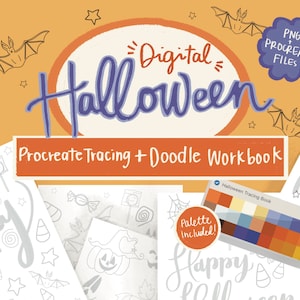 Puede incluir: Cuaderno digital de trazado y garabatos de Halloween Procreate con una paleta de colores incluida. El cuaderno presenta una variedad de ilustraciones con temática de Halloween, que incluyen murciélagos, calabazas, maíz dulce y las palabras "Spooky" y "Happy Halloween".