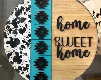 Home Sweet Home Zawieszka na drzwi z nadrukiem azteckim i krowim 18"