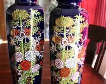 Vintage Japanese Cobalt Blue Porcelain Vases with Gold Gilt Floral Design