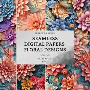 3D Floral Seamless Pattern, Flowers 3D Sublimation, digital download, 3D Flower Papers, 300 DPI Seamless Floral Designs, Vibrant, Elegant