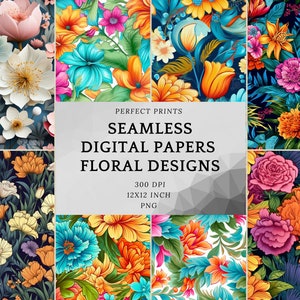 Papeles digitales de vida silvestre floral - Patrones vibrantes y sin costuras para verano y primavera / Flores de acuarela / Descarga instantánea