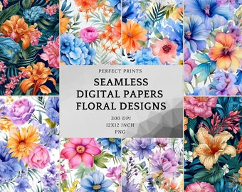 Chique bloemen: levendige digitale bloemenprints | Trendy en kleurrijke naadloze kunst | Direct downloaden | aquarel achtergronden | Plakboekontwerpen