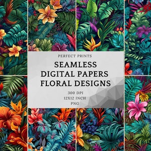 May include: A set of 12x12 inch digital papers featuring seamless patterns of tropical flowers and leaves in vibrant colours like red, pink, yellow, blue, and green. The papers are 300 DPI and perfect for crafting projects.