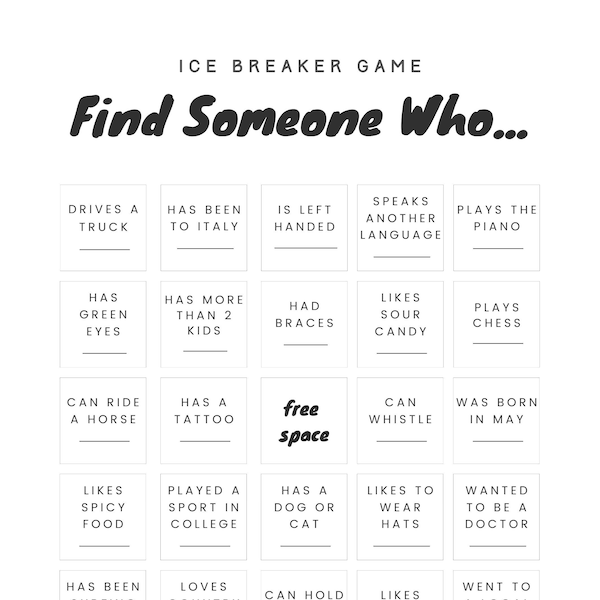 BINGO Ice Breaker Game - Find Someone Who Edition Digital Download ***2 full sets - 8 unique boards***