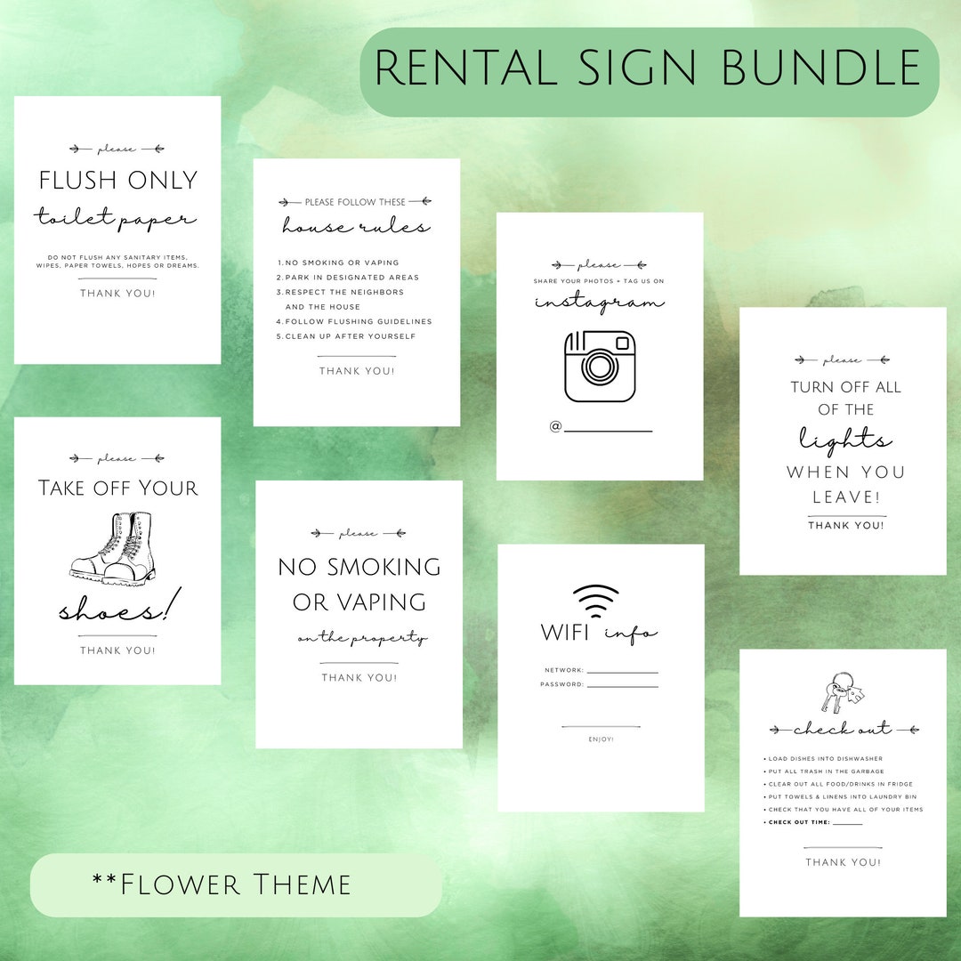 Short Term Rental Signs 8 Sheets Flower Theme DIGITAL - Etsy