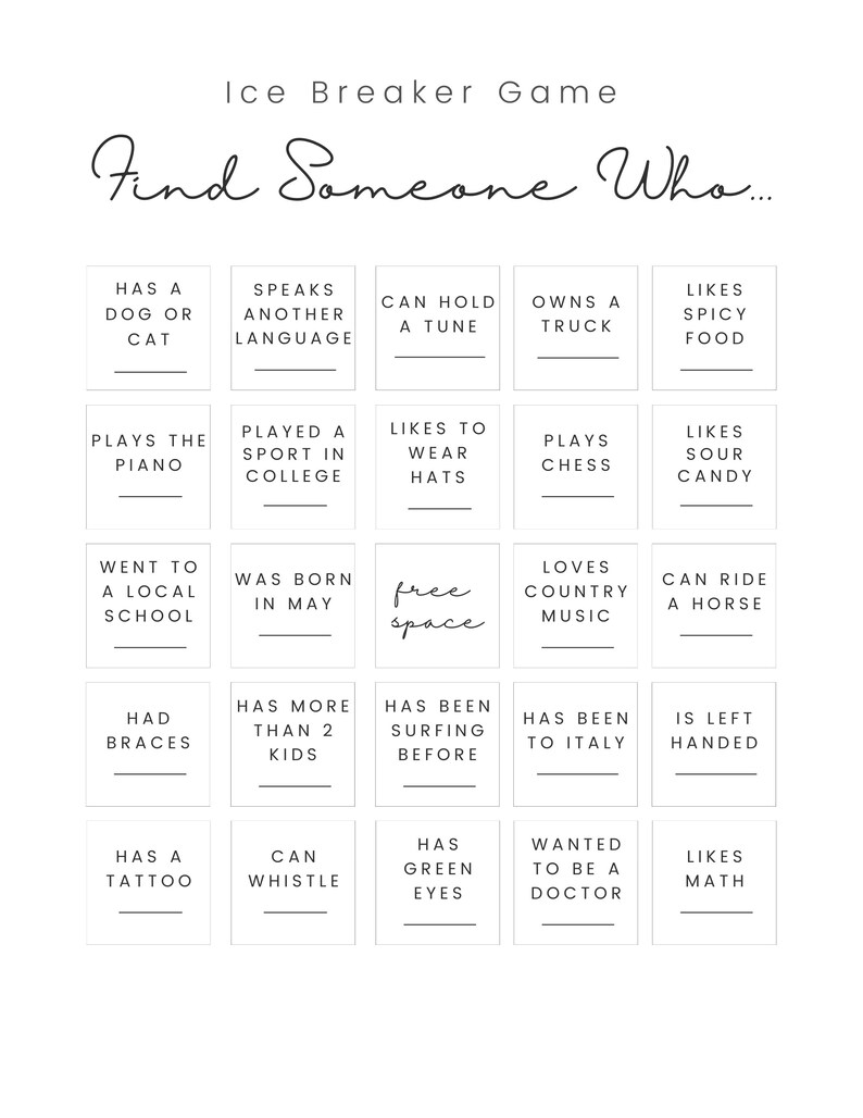 Bingo Ice Breaker Game Find Someone Who Edition Digital Download Etsy