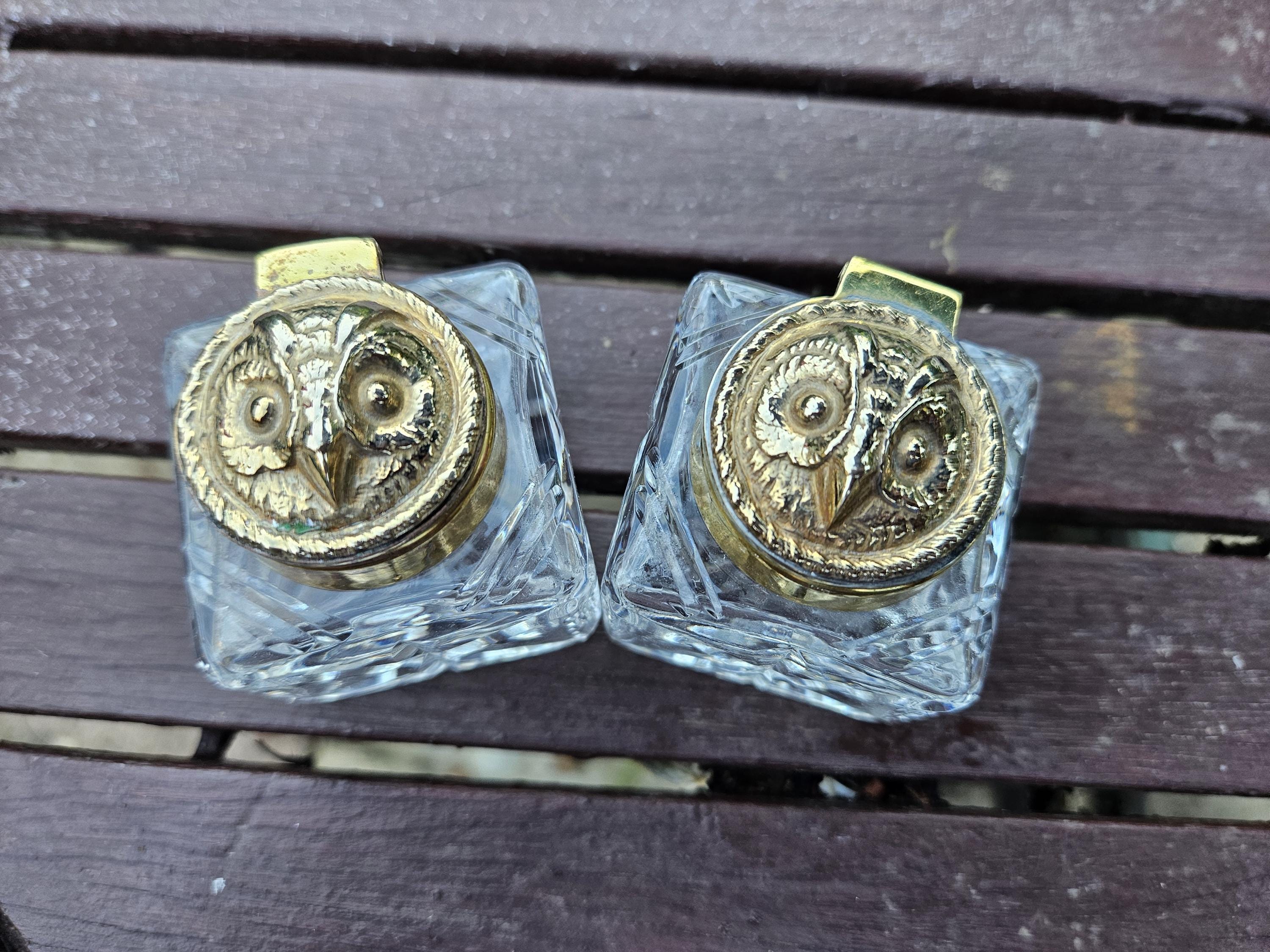 Stunning Vintage Pair of Brass and Crystal Glass Wise Owl Ink Bottles / Inkwells / Fountain Pen
