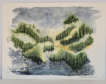 Tennessee Falls 9 x 12 inch Original Aquarell Landschaft, Stimmungsvoller Wald Wasserfall Gemälde