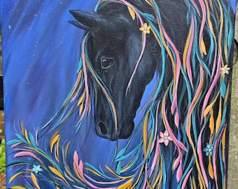 Wildflower Mare, Original Acrylic Painting, Black Horse Floral, 16x20 Canvas