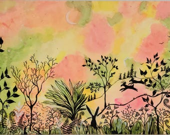 Country Hillside Race, Original 8x10 Mixed Media on 100 Percent Cotton Paper.