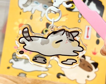 May include: A clear acrylic keychain featuring a cartoon cat with gray fur, lying on its back with its paws in the air. The cat has a sad expression and is surrounded by small white clouds. The keychain is attached to a silver metal ring.