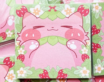 Notepad | Whimsical Strawberry Cat Collage | 3x3 inch | Gift for Cat Lovers | Mikou Original Art