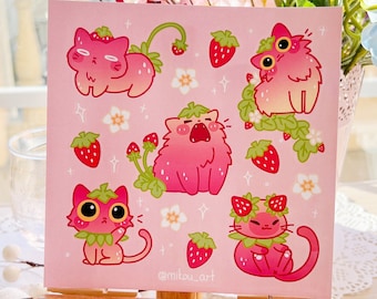 Sticker Sheet | Whimsical Strawberry Cat Collage | 5.5x5.5 inch | Waterproof & Fade-Resistant | Gift for Cat Lovers | Mikou Original Art