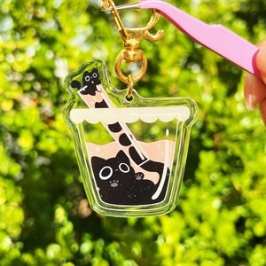 Black Cat Boba Milktea Epoxy Acrylic Keychain/Charm | Mikou Original Art