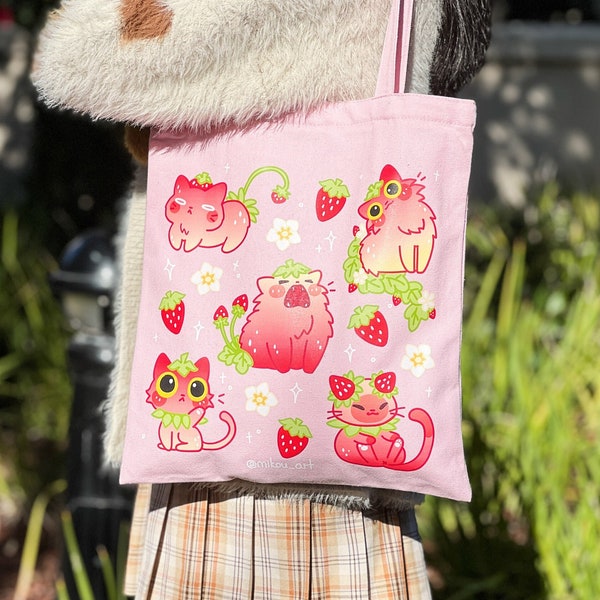 Full of Strawberry Cats Cotton Tote Bag | 100% Pink Cotton | Gift for Cat Lovers | Handmade, Durable and Functional | Mikou Original Art