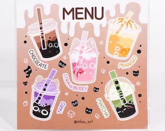 Può includere: Un menu con sei diversi gusti di bubble tea con adorabili illustrazioni di gatti. I gusti sono cioccolato, fragola, taro, matcha e mango. Il menu è stampato su uno sfondo marrone con vernice bianca che cola.