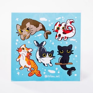 Sticker Sheet | Whimsical Mermaid Cat Collage | 5.5x5.5 inch | Waterproof & Fade-Resistant | Gift for Cat Lovers | Mikou Original Art