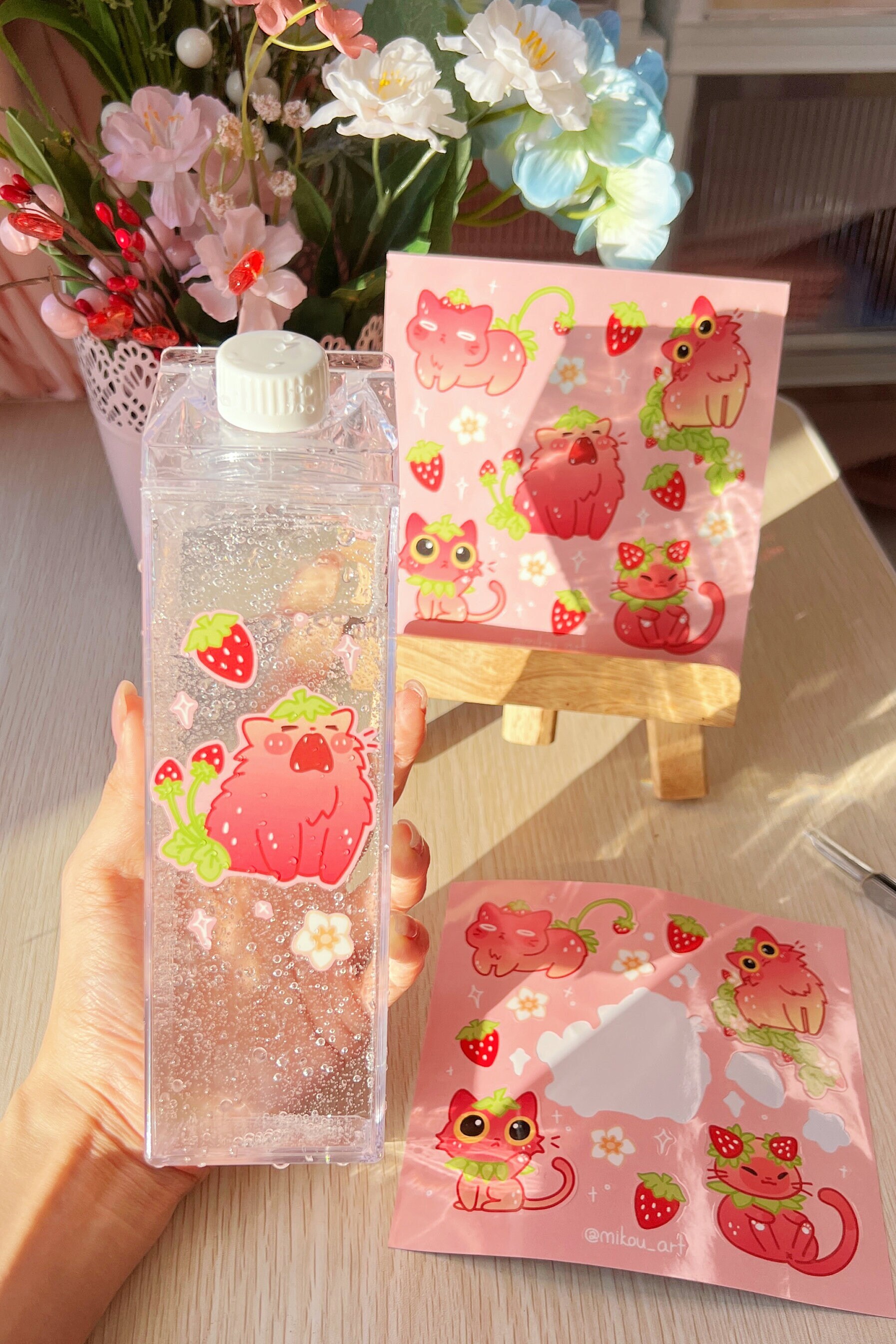 Strawberry Cat Sticker Sheet: Whimsical Waterproof Art (5.5x5.5 Inch ...