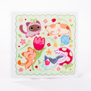 Sticker Sheet | Whimsical Spring Cat Collage | 5.5x5.5 inch | Waterproof & Fade-Resistant | Gift for Cat Lovers | Mikou Original Art