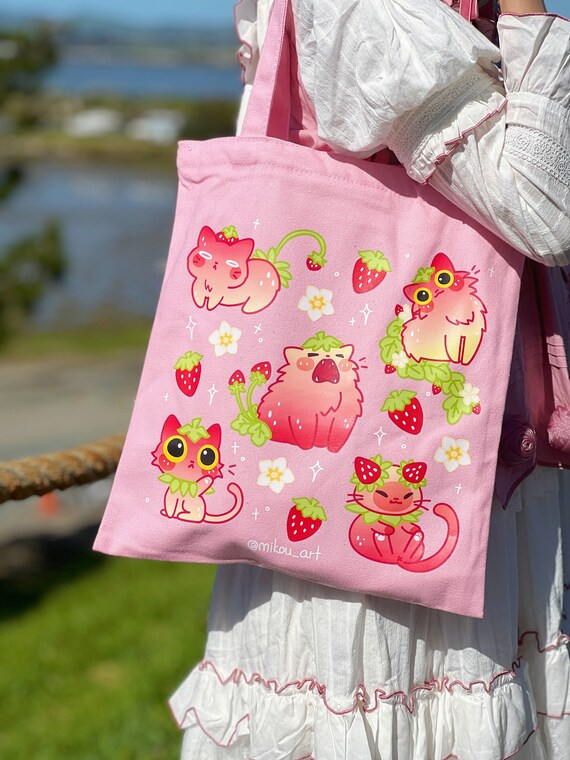 Full of Strawberry Cats Cotton Tote Bag | Inner Pocket +