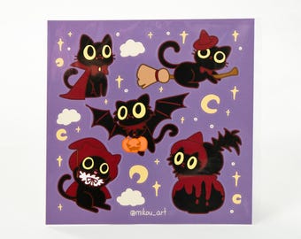 May include: A set of six Halloween stickers featuring black cats dressed in red cloaks and witch hats. The stickers are on a purple background with stars, moons, and clouds. The text "@mikou_art" is at the bottom of the sticker sheet.