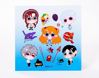 May include: A set of 10 colorful stickers featuring characters from the anime series Neon Genesis Evangelion. The stickers include characters like Asuka Langley Soryu, Rei Ayanami, and Shinji Ikari. The stickers are perfect for adding a touch of anime to laptops, water bottles, and other surfaces.