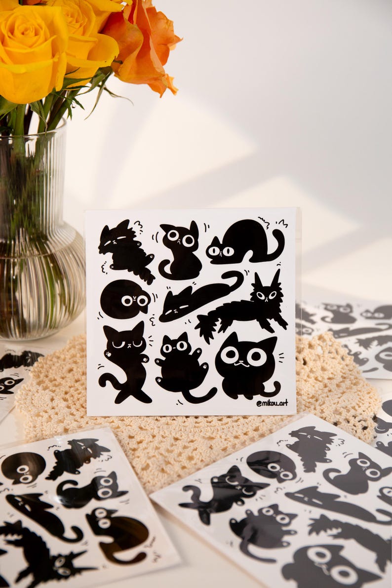 Black Cat Meme Waterproof Sticker Sheet | Mikou Original Art - Etsy