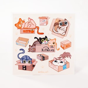 Sticker Sheet | Cats in the Box Collage | 5.5x5.5 inch | Waterproof, and Fade-Resistant | Gift for Cat Lovers | Mikou Original Art