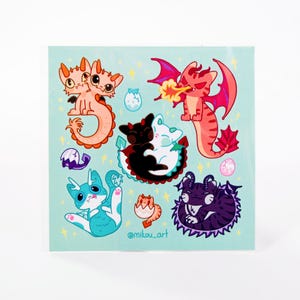 Sticker Sheet | Whimsical Dragon-Cat Collage | 5.5x5.5 inch | Waterproof & Fade-Resistant | Gift for Cat Lovers | Mikou Original Art