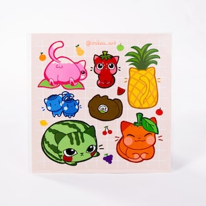 Sticker Sheet | Whimsical Fruit Cat Collage | 5.5x5.5 inch | Waterproof & Fade-Resistant | Gift for Cat Lovers | Mikou Original Art