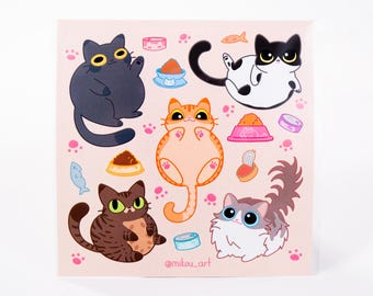 Può includere: Uno sfondo rosa con una varietà di gatti dei cartoni animati, cibo per gatti e impronte di zampe. I gatti sono tutti di colori diversi e hanno espressioni diverse. Il testo "@mikou_art" è in fondo all'immagine.