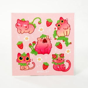 Sticker Sheet | Whimsical Strawberry Cat Collage | 5.5x5.5 inch | Waterproof & Fade-Resistant | Gift for Cat Lovers | Mikou Original Art