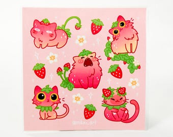 Strawberry Cat Sticker Sheet: Whimsical Waterproof Art (5.5x5.5 inch)