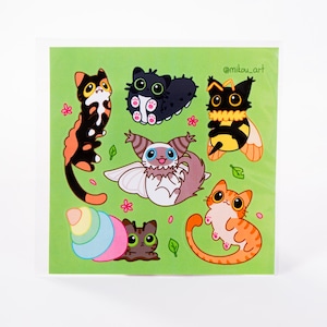 Sticker Sheet | Whimsical Insect Cat Collage | 5.5x5.5 inch | Waterproof & Fade-Resistant | Gift for Cat Lovers | Mikou Original Art