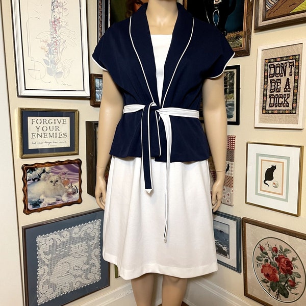 70s Vintage 3R's White Sleeveless Shift Dress with Blue Jacket and Belt Size 3X