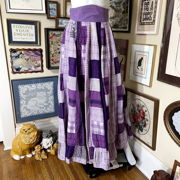 70s Vintage Jean Blanchette Purple and White Patchwork Fully Lined Maxi Skirt XS