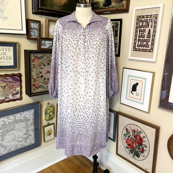70s Vintage Lilac Purple and Yellow Floral A-Line Tunic Dress with Collar Size 3X