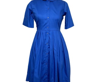 Deadstock 60s Vintage Country Fair Blue Poly Cotton Short Sleeve Shirt Dress SM