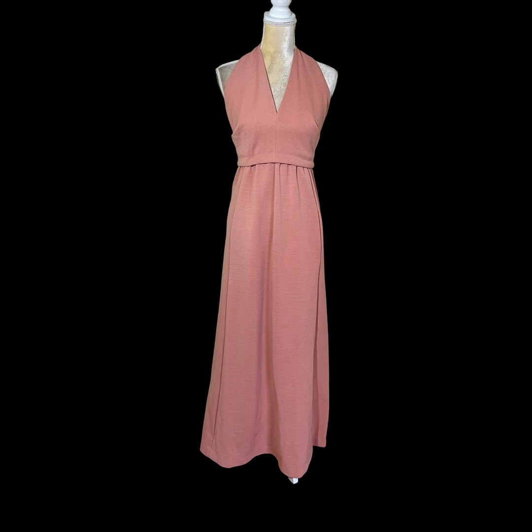 70s Vintage Peach Knit Polyester Halter Neck Maxi Dress With Etsy