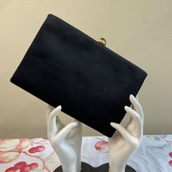 50s Vintage L & M Black Satin Clutch Purse with Gold Satin Lining and Jewel Snap