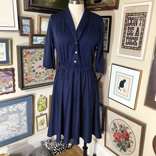 80s Vintage Volup Montgomery Ward Dark Blue and White Swiss Dot Midi Dress 2X