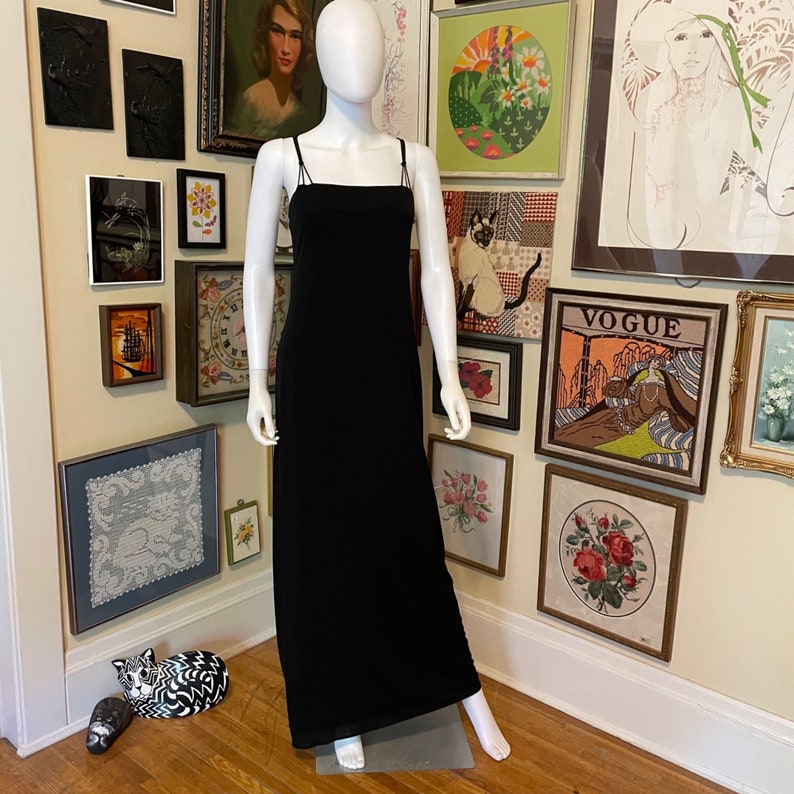 90s Vintage Shelli Segal Laundry Black Multi Cross Strap Column Maxi Gown Size 8 image 2