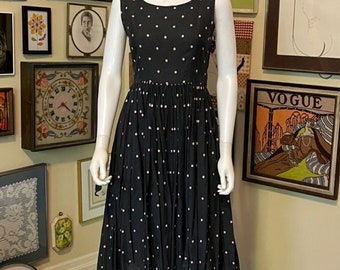 60s Vintage Black Scoop Neck Sleeveless Fit and Flare Dress with Pink Polka Dots