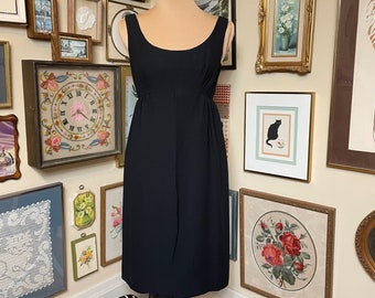 70s Vintage i.magnin Black Sleeveless Empire Waist Wiggle Dress with Overlay S