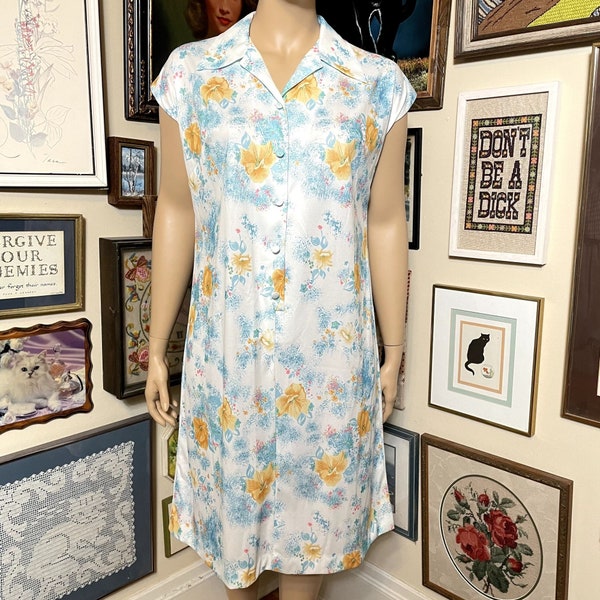 80s Vintage White Blue Pink Yellow Floral Polyester Cap Sleeve House Dress 2X