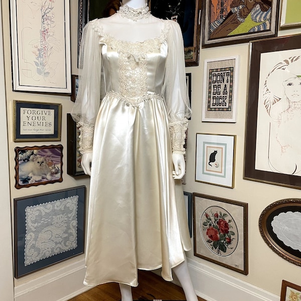 70s Vintage Gunne Sax Cream Satin & Net High Neck Long Sleeve Wedding Dress XS