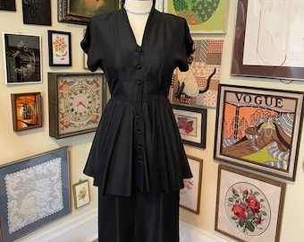 40s Vintage Black Cap Sleeve Midi Length Wiggle Dress with Long Peplum SM MED