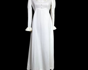 70s Vintage White Polyester Empire Waist Maxi Dress with Leg of Mutton Sleeve S