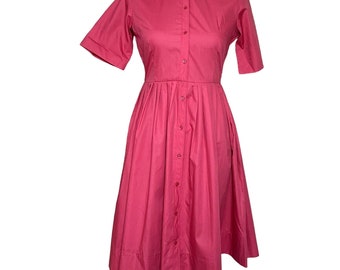 Pristine 60s Vintage Country Fair Pink Poly Cotton Short Sleeve Shirt Dress SM